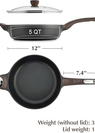 SENSARTE Nonstick Frying Pan Skillet with Lid, 12 Inch Large Deep Frying Pan, 5 Qt Non Stick Saute Pan with Cover, Induction Pan, Healthy Non Toxic Cooking Pan with Helper Handle, PFOA PFOS Free