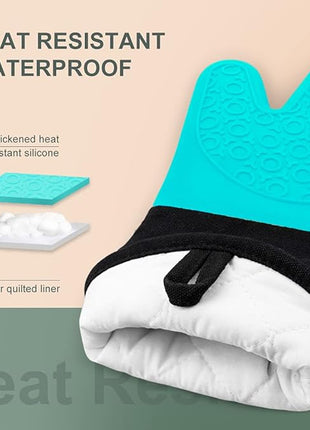 sungwoo Extra Long Silicone Oven Mitts, Heat Resistant Oven Gloves with Quilted Liner Non-Slip Textured Grip Perfect for BBQ, Baking, Cooking and Grilling - 1 Pair 14.6 Inch Turquoise & Black
