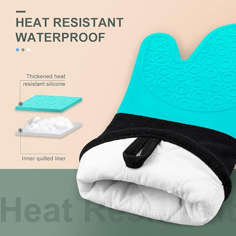 sungwoo Extra Long Silicone Oven Mitts, Heat Resistant Oven Gloves with Quilted Liner Non-Slip Textured Grip Perfect for BBQ, Baking, Cooking and Grilling - 1 Pair 14.6 Inch Turquoise & Black