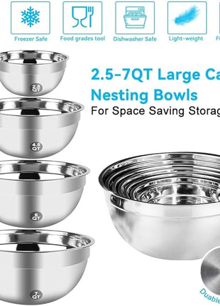 Hand Mixer Electric Mixing Bowls Set, 5 Speeds Handheld Mixer with 4 Nesting Stainless Steel Mixing Bowl, Measuring Cups Spoons 200W Kitchen Blender Whisk Beater Baking Supplies For Beginner