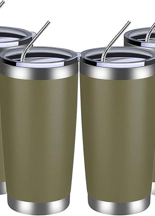 MEWAY 20oz Tumbler 4 Pack Double Wall Vacuum Insulated Travel Mug Bulk, Stainless Steel Tumblers with Lid and Straw, Durable Powder Coated Coffee Cups for Cold & Hot Drinks (Army Green, 4)