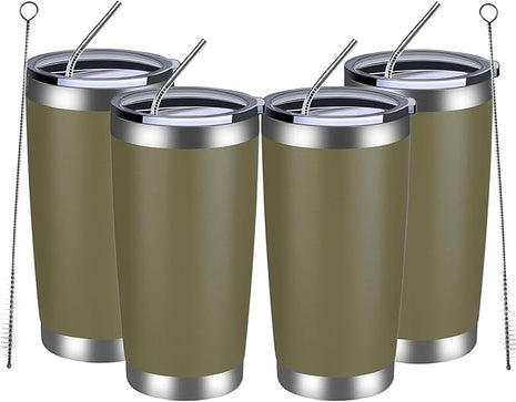 MEWAY 20oz Tumbler 4 Pack Double Wall Vacuum Insulated Travel Mug Bulk, Stainless Steel Tumblers with Lid and Straw, Durable Powder Coated Coffee Cups for Cold & Hot Drinks (Army Green, 4)