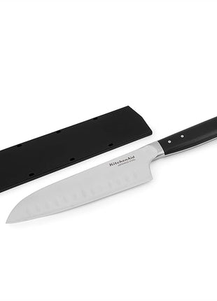 KitchenAid Gourmet Forged Triple Rivet Santoku Knife with Custom-Fit Blade Cover, 7-inch, Sharp Kitchen Knife, High-Carbon Japanese Stainless Steel Blade, Black