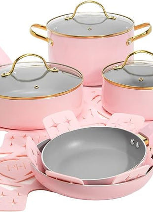 Paris Hilton Epic Nonstick Pots and Pans Set, Multi-layer Nonstick Coating, Tempered Glass Lids, Soft Touch, Stay Cool Handles, Made without PFOA, Dishwasher Safe Cookware Set, 12-Piece, Pink