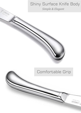 Steak Knives Set of 6 - High Carbon Stainless Steel, Dishwasher Safe - Polished Shiny Blade & Handle, Serrated Edge - Kitchen Table Knife Set, 4.5’’ Dinner Knife Non Straight