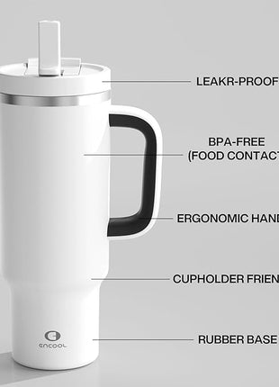 40 oz Tumbler with Handle and Straw: Stainless Steel Insulated Tumbler Keeps Cold for 24 Hours, Leakproof Travel Cup Fits in Cup Holder and BPA-Free, Polar White