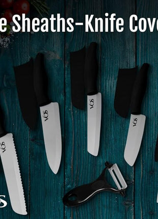 Vos Ceramic Knife with Peeler, Knives Set For Kitchen, Ultra Sharp Kitchen Knife Set with Covers, 4" 5" 6" 7" 8" Paring, Chef Knife, Santoku & 2 more, Lightweight, Dishwasher safe (Black)