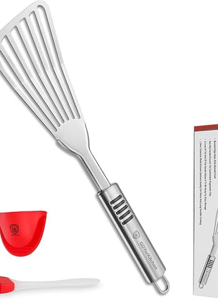 Stainless Steel Fish Spatula with 1.2mm Thick Blade - Multipurpose Turner for Fish, Eggs, Meat, and Dumplings - Perfect for Grilling, Frying, and More - Bonus Silicone Brush and Oven Mitt - Set of 1