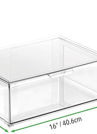 mDesign Plastic Stackable Closet Storage Organizer Bin Containers with Front Pull Drawer for Cabinet, Desk, Shelf, Cupboard, or Dresser Organization - Lumiere Collection - Set of 3 - Clear