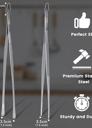 HOTEC Kitchen Tweezers Tongs Stainless Steel Professional Chef Tweezers, Set of 2-12inch Extra-Long Food Tongs for Cooking,Grill and Baking