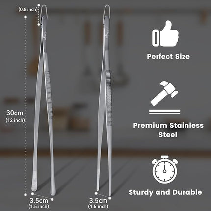 HOTEC Kitchen Tweezers Tongs Stainless Steel Professional Chef Tweezers, Set of 2-12inch Extra-Long Food Tongs for Cooking,Grill and Baking