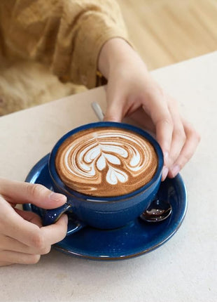 LE TAUCI 8 oz Cappuccino Cups with Saucers, Ceramic Large Coffee Cup for Au Lait, Double shot, Latte, Cafe Mocha, Tea - Set of 4, Ceylon Blue