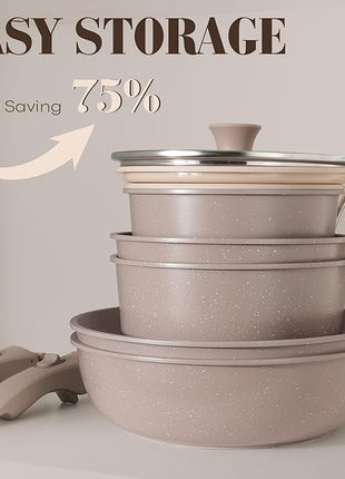 15Pcs Pots and Pans Set Non Stick, Cookware Sets with Detachable Handle, Nonstick RV Kitchen Cooking Tools Removable Handles, Oven Safe, Induction Fast, Stackable Induction Cookware, Brown