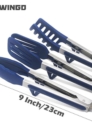 Kitchen Tongs, 9 Inch Tongs for Cooking with Silicone Tips, Food Grade Small Silicone Tongs, Mini Serving Tongs for Nonstick Pans, BBQ, Salad, Set of 3, Blue