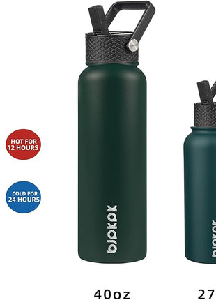 BJPKPK Insulated Water Bottles with Straw Lid, 40oz Stainless Steel Water Bottles with 3 Lids, BPA Free Leakproof Thermo, Tumblers, Cups for Sports, Gym- Army Green