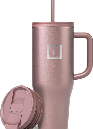 IRON °FLASK Co-Pilot Insulated Mug w/Straw & Flip Cap Lids - Cup Holder Bottle for Hot, Cold Drink - Leak-Proof - Water, Coffee Portable Travel Mug - Rose Gold, 40 Oz