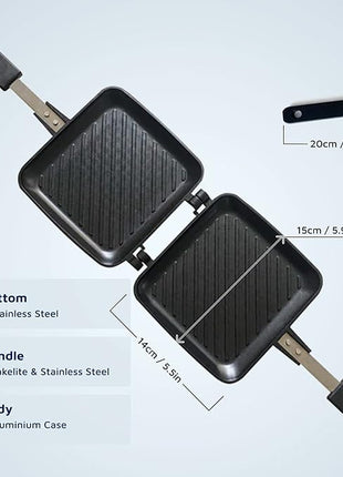 Jean-Patrique Stovetop Panini Grill Press Sandwich Maker, Black – Ceramic Nonstick Grilled Cheese Maker with Handles - Indoor & Outdoor Double-sided Sandwich Toaster