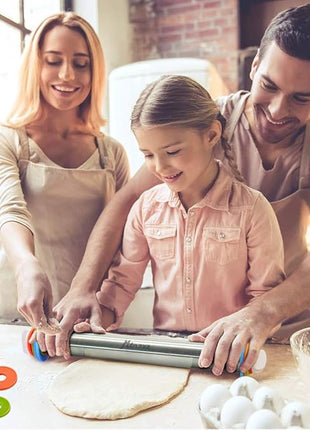 Rolling Pin and Silicone Baking Pastry Mat Set, Stainless Steel Dough Roller, Rolling Pins with Adjustable Thickness Rings, for Baking Fondant, Pizza, Pie, Pastries, Pasta, Cookies