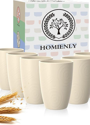 Homienly Wheat Straw Cups, Drinking Glasses Set of 6, 16 OZ Cups for Kitchen, Kids, Camping, Party, Unbreakable Microwave and Dishwasher Safe Water Tumblers, Stackable Plastic Cups-Beige