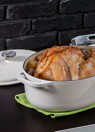 Lodge 7 Quart Enameled Cast Iron Oval Dutch Oven with Lid – Dual Handles – Oven Safe up to 500° F or on Stovetop - Use to Marinate, Cook, Bake, Refrigerate and Serve – Oyster White