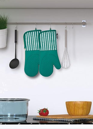 Silicone Oven Mitts Heat Resistant 932℉ with Waterproof & Non-Slip Kitchen Mittens, Set of 2 Extra Long Oven Gloves with Soft Cotton Terry Lining for Baking Cooking Barbecue (Emerald Green, 2)
