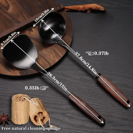 MARTE Spatula & Ladle Wok Tool Set,[High-Grade Titanium Plated, Heat Resistant]14.8-15 Inches Stainless Steel Vintage Wok Utensils,Kitchen Cooking Utensils Set of 2-Ergonomic Solid Wood Handle