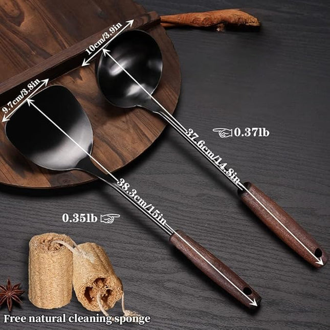 MARTE Spatula & Ladle Wok Tool Set,[High-Grade Titanium Plated, Heat Resistant]14.8-15 Inches Stainless Steel Vintage Wok Utensils,Kitchen Cooking Utensils Set of 2-Ergonomic Solid Wood Handle