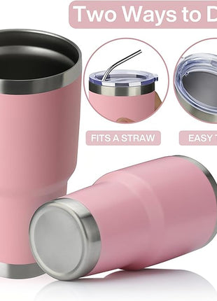MEWAY 30oz Insulated Tumbler With Lids and Straws,Stainless Steel Double Vacuum Coffee Tumbler Cup, Brush, Durable Powder Coated Coffee Cup for Cold & Hot Drinks, Office, Travel(Pink,4 PACK)