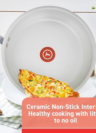 T-fal Fresh Gourmet Recycled Ceramic Non Stick Cookware Set 12 Piece, Oven Broiler Safe 500F, Lid Safe 350F, Kitchen Cooking Set W/Fry Pans, Saucepans, Dutch Oven, Utensils, Pots and Pans Set, Grey