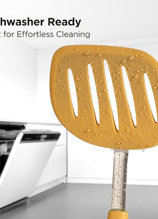 Kitchen Mama WaltzGrip Platinum Silicone Pancake Spatula Turner: Heat-Resistant, Slotted Tapered Head, Stainless Steel Core, Durable, Dishwasher-Safe, Ideal for Flipping and Wok Use (Yellow)