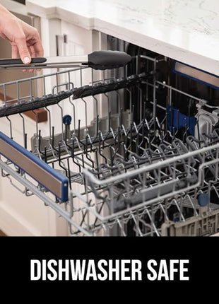 GORILLA GRIP Stainless Steel Heat Resistant Kitchen Tongs for Cooking, 9 + 12 Inch, Set of 2 BBQ Tong, Non Scratch Silicone Tip for Pan, Strong Grip, Grab Food, Toss Salad, Air Fryer, Pull Lock, Black