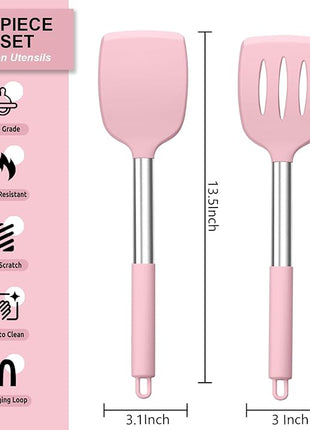 E-far Silicone Spatula Set of 2, Solid & Slotted Turner for Nonstick Cookware, Heat Resistant Rubber Kitchen Cooking Utensils for Flipping Fish Pancake Egg - Pink