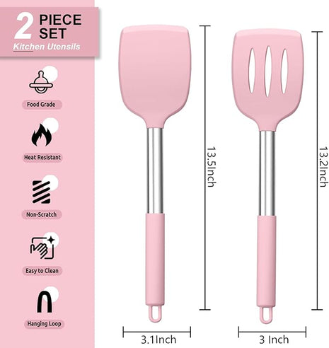 E-far Silicone Spatula Set of 2, Solid & Slotted Turner for Nonstick Cookware, Heat Resistant Rubber Kitchen Cooking Utensils for Flipping Fish Pancake Egg - Pink
