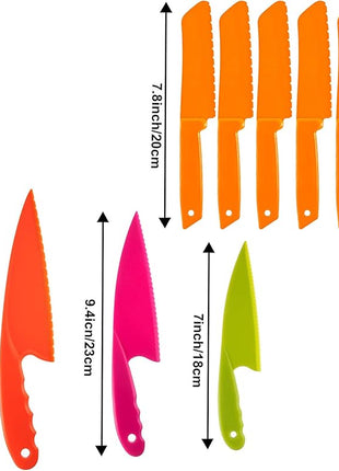 JOVITEC 8 Pcs Kid Cooking Kitchen Knife Set, Plastic Serrated Edges Children's Safe Chef Nylon Knives for Cutting Fruit Bread Cake Salad Lettuce Kids Cooking Supply(Orange Square Knife)