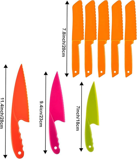 JOVITEC 8 Pcs Kid Cooking Kitchen Knife Set, Plastic Serrated Edges Children's Safe Chef Nylon Knives for Cutting Fruit Bread Cake Salad Lettuce Kids Cooking Supply(Orange Square Knife)