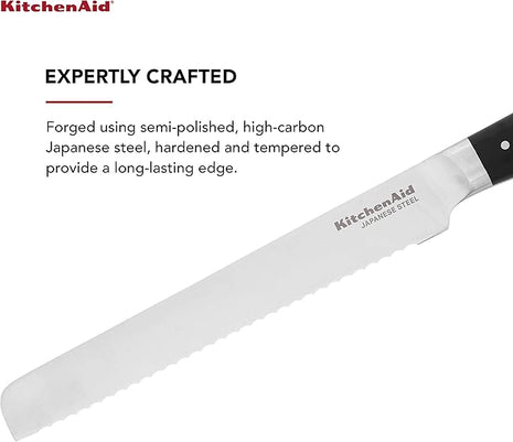 KitchenAid Gourmet Forged Triple Rivet Bread Knife with Custom-Fit Blade Cover, 5-inch, Sharp Kitchen Knife, High-Carbon Japanese Stainless Steel Blade, Black