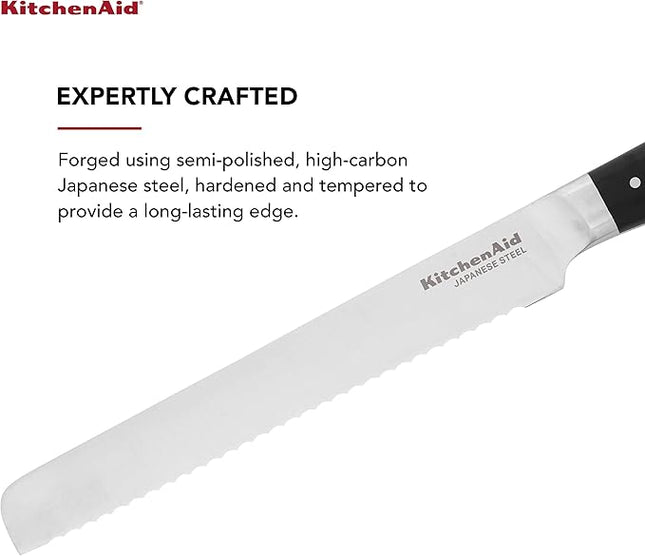 KitchenAid Gourmet Forged Triple Rivet Bread Knife with Custom-Fit Blade Cover, 5-inch, Sharp Kitchen Knife, High-Carbon Japanese Stainless Steel Blade, Black