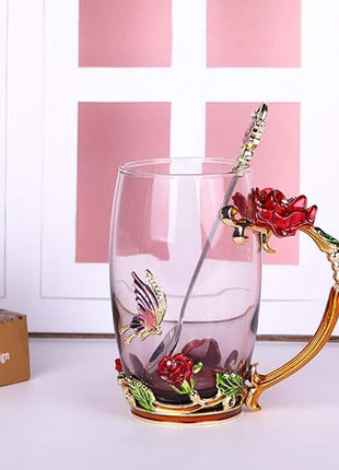 Handicraft Crystal Glass 3D Flower Cups Tea Mug With Tea Spoon Women Coffee, Tea, Juice, Beer, Milk Hot And Cold Drinks Use Gift Package. (Red Rose-Tal)
