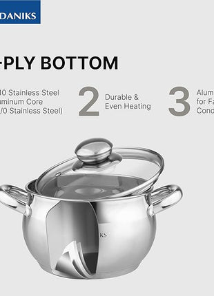Daniks Classic 12-Piece Stainless Steel Cookware Set with Saucepan and Frying Pan, Glass Lids, Induction Compatible, Dishwasher Safe, Silver
