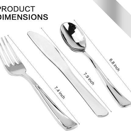 175 Piece Silver Dinnerware Set,25 Silver Rim Plastic Plates, 25 Cups,25 Pre Rolled Napkins with Plastic Silverware, Disposable Dinnerware Set for 25 Guest