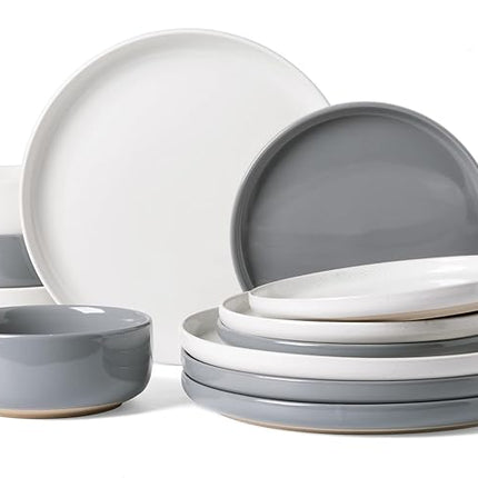Famiware Milkyway Plates and Bowls Sets, 12 Pieces Stoneware Dinnerware Sets, Dishes Set for 4, White & Dark Gray