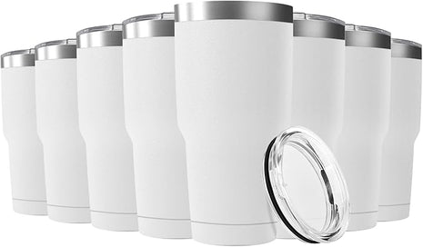 30oz Stainless Steel Travel Mug with Lid, 8 Pack Double Wall Vacuum Insulated Bulk Tumbler, Powder Coated Coffee Cup Suitable for Vehicle Cup Holders(White)