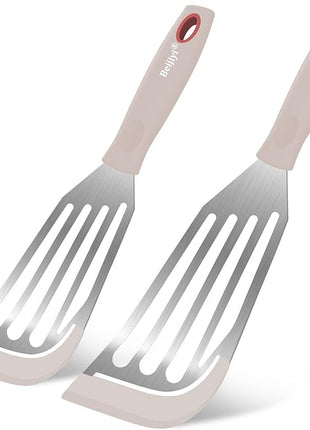 Beijiyi Silicone Fish Spatula Set, 2-Piece Heat Resistant Fish Turner Spatula for Non Stick Frying Pan, Flexible Kitchen Cooking Utensils, Slotted Egg Flipper, Large 12.3 In, Small 10.6 In, Khaki