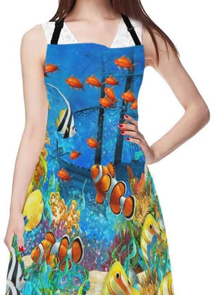 EKOBLA Fish Aprons Painting Undersea Coral Reef Bubbles Colorful Dive Exploration Ocean Waterproof Resistant Chef Cooking Kitchen BBQ Adjustable Aprons for Women Men 27x31 Inch