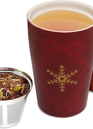 Tea Forte Double-Walled Ceramic Kati Cup, Removable Stainless Steel Infuser Basket and Lid, Steeps 12 oz Loose Leaf Tea, Dishwasher & Microwave Safe, Warming Joy