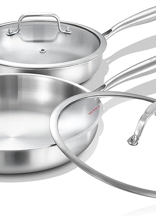DELARLO Tri-ply Stainless Steel Frying Pan Set with Lid 8" 12" Induction large Skillets Chef's Pan,Pots and Pans Set Kitchen Cookware Set Suitable for All Stove