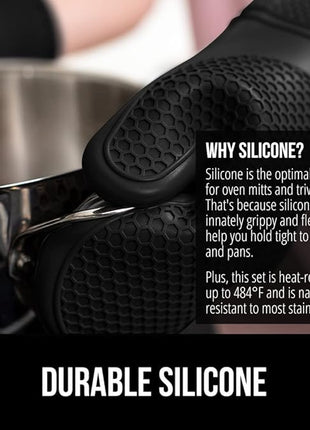GORILLA GRIP BPA-Free Soft Silicone Oven Mitts and Pot Holders Sets of 4, Heat Resistant Waterproof Cooking Gloves, Thick Cotton Lining, Flexible Gripping for Baking Grilling, Kitchen Trivets, Black