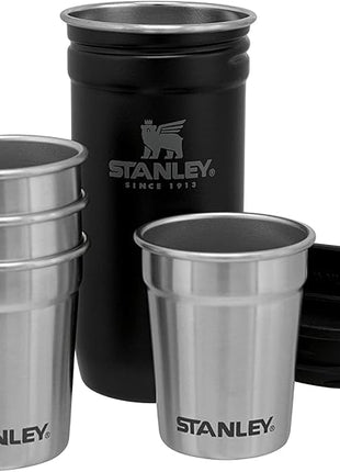 Stanley Adventure Pre-Party Flask & Nesting Shot Glass Set 8 oz Leakproof Hip Flask 4 Shot Glasses in Travel Carrying Case Insulated Stainless Steel Liquor BPA-Free Matte Black(Pack of 4)
