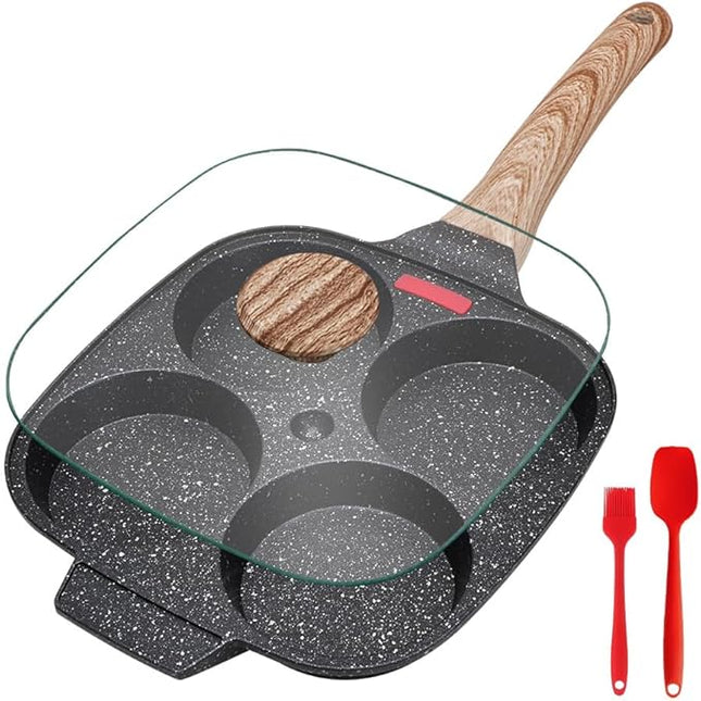 Fried Egg Pan, Egg Frying Pan with Lid Nonstick 4 Cups Pancake Pan Aluminium Alloy Cooker for Breakfast, Induction Compatible
