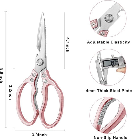 AWinjoy Kitchen Scissors, Heavy Duty Sharp Shears Dishwasher Safe, Rose Gold Cooking Accessories for Meat, Chicken, Fish, Poultry, Herb, Bread